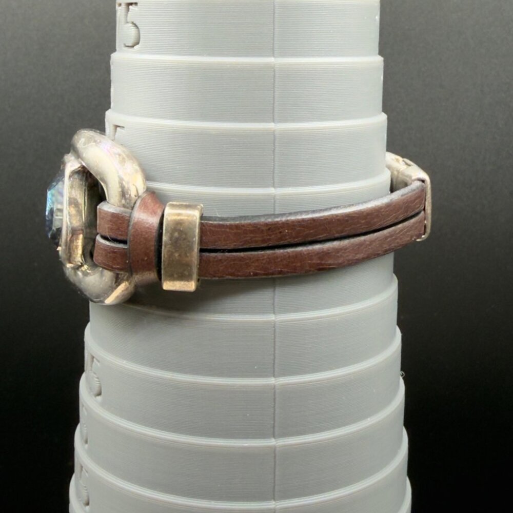 Handcrafted Leather Bracelet Silver Tone Metal Iridescent Glass Stone Magnetic - Picture 11 of 13